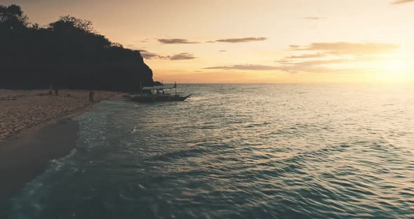 Aerial View Orange Sunset Over Sea Beach