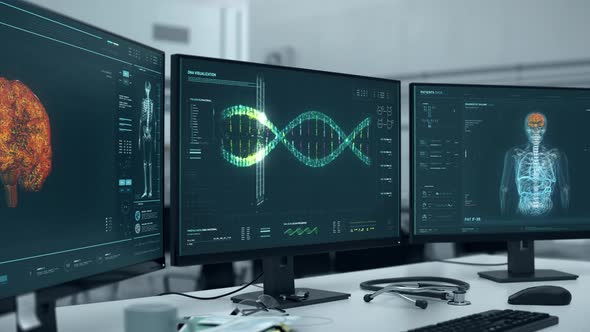 Microbiology scanner is studying the composition of the DNA spiral structure