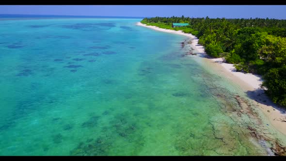 Aerial flying over nature of tropical shore beach adventure by blue sea with clean sand background o