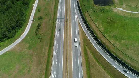 Drone view of highway and overpass in the city 