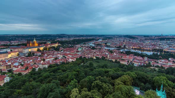 Wonderful Day to Night Timelapse View To The City Of Prague From Petrin Observation Tower In Czech