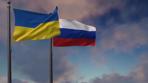 Russia Flag Waving Along With The National Flag Of The Ukraine - 2K