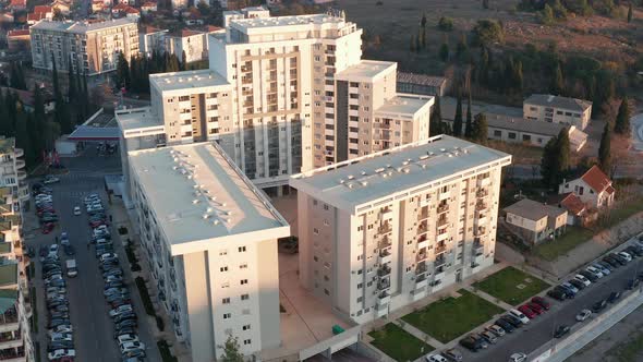 Exterior of new high-rise multi-story apartment buildings - subsidized public housing project.