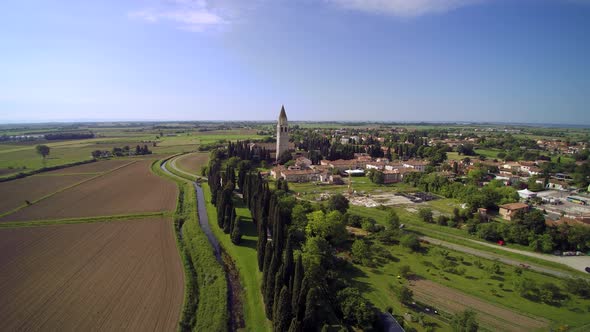 Aerial View Italy church, church with tower