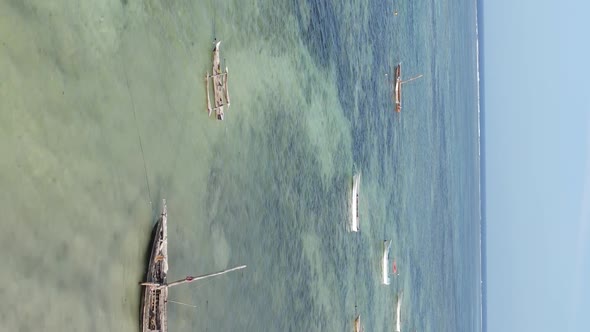 Tanzania Vertical Video  Boat Boats in the Ocean Near the Coast of Zanzibar Aerial View