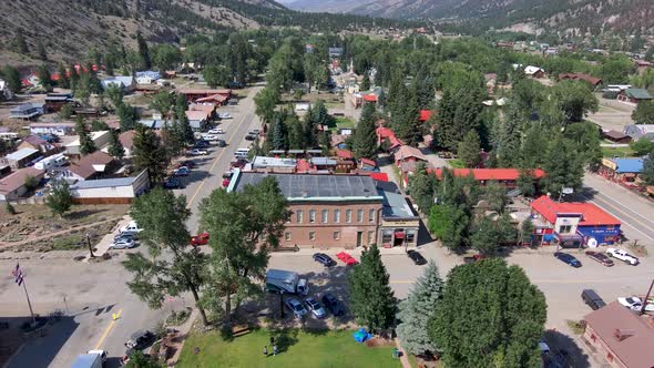 Tourists in the summer of 2021 in Lake City Colorado high perspective drone shot.