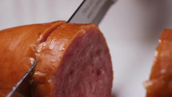 Sliced sausage cut with a knife close up