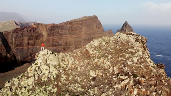 Drone Flying Over Mountain Revealing Ponta de Sao Lourenco Coast, Madeira island, Portugal