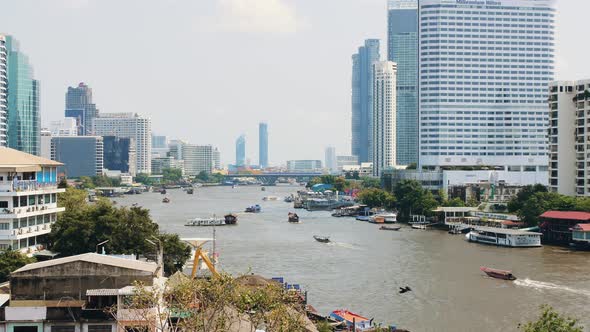 Water Transport Timelapse. View Of Bangkok Riverside.  Footage