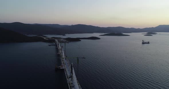 Aerial view of Peljeski bridge, Ston in Croatia.