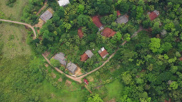 Aerial view of houses in countryside near Nuwara Eliya, Sri Lanka