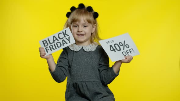 Child Girl Showing Black Friday and Up To 40 Percent Off Advertisement Banners. Low Prices, Shopping