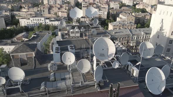 TV Antennas on the Roof of the Building. Aerial. Kyiv, Ukraine, Flat, Gray