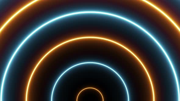 Rising orange and blue neon round lights animation on a black background. Abstract seamless loop