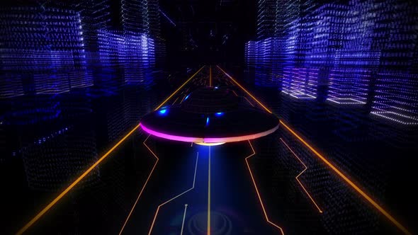 Unidentified Flying Object Moving Straight Ahead Over Abstract virtual Highway alt