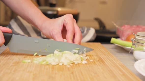 Woman Chopping Onion in Kitchen Close Up