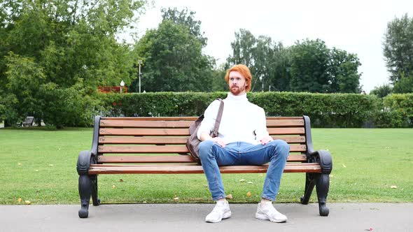 Beard Man Coming to Park, Sitting on Bench and Leaving, Red Hairs