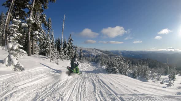 Winter Snowmobile Adventure In Washington Mountains With Mt Rainier Background