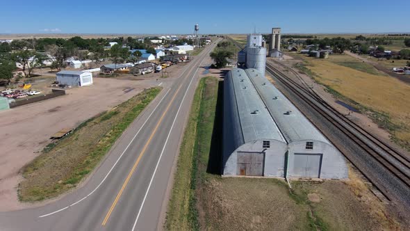 Drone flight headed north on highway 34 toward Wyoming through Nunn Colorado.  Small towns USA