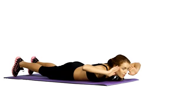 Sport Woman Abdominal Exercises on Fitness Mat. White Background, Gym