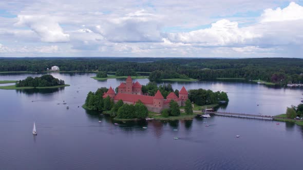 smooth aerial footage of the ancient Trakai castle on the island