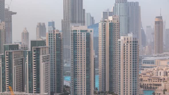 Downtown Dubai Skyline with Recidential Towers Timelapse View From Rooftop