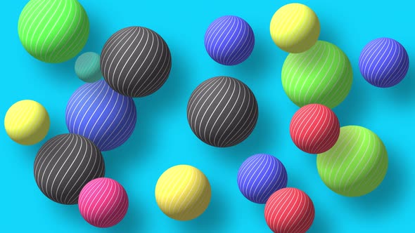 Abstract colorful background with flying or floating simple geometric forms. 3d sphere animation.