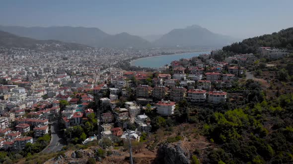 Turkish Alanya From Above. In the Frame, There Are Many Houses on the Shores of the Mediterranean