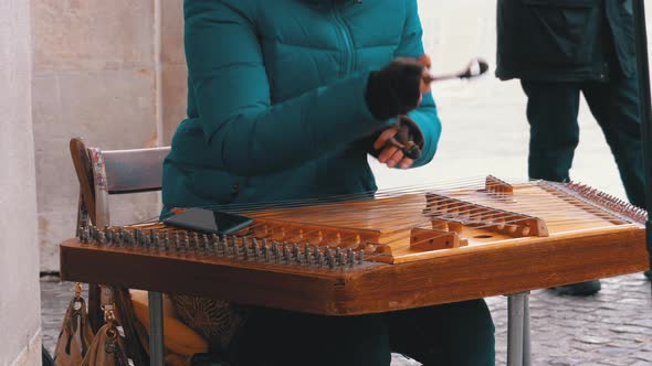 Street Musician Plays a Musical Instrument - Folk Cimbalom