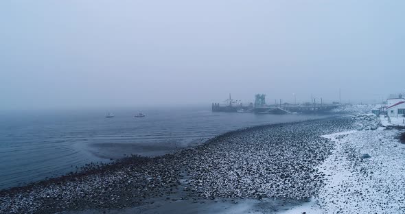 Elevated view of a harbor in winter in Maine USA