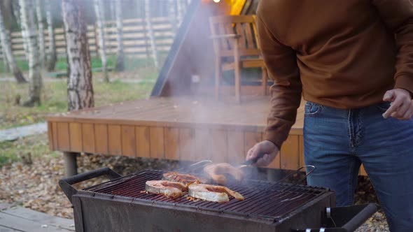 BBQ Fish Steaks. Pieces of Salmon Are Fried Over an Open Fire.