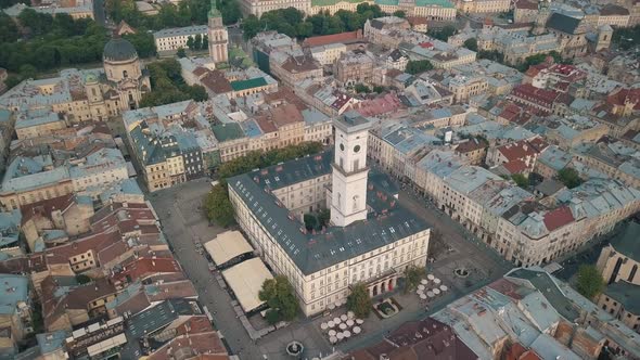 Aerial Drone Video of European City Lviv, Ukraine, Rynok Square, Central Town Hall, Dominican Church