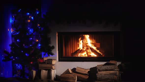 Burning Fireplace Decorated for Christmas, Near the New Year Tree