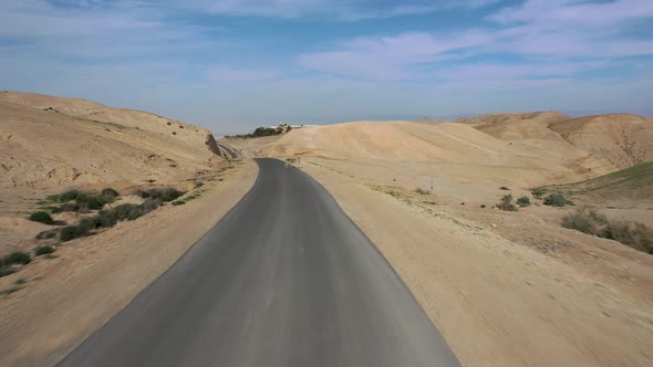 aerial shot pass over a single donkey standing by isolated road in the desert, Israel