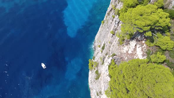 Drone flying over Cape Keri rock formations (Zakynthos, Greece)