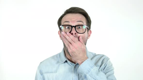 Shocked Surprised Man Standing, White Background in Wonder