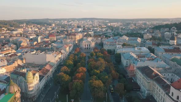 Aerial City Lviv, Ukraine. European City. Popular Areas of the City. Lviv Opera