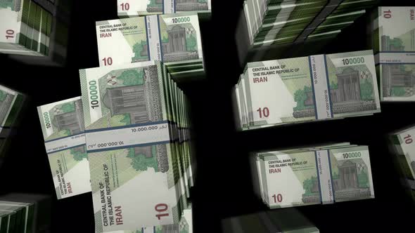 Flight over the Iranian Rial money banknote packs loop