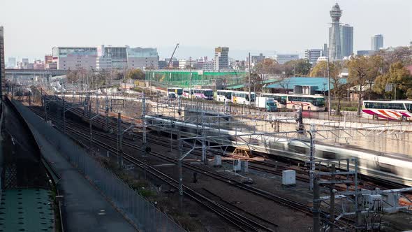 Osaka Railway Tracks with Moving Trains Timelapse