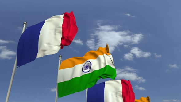 Row of Waving Flags of India and France