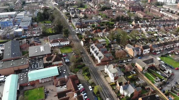 Aerial footage of the UK town of Aylesbury, that is near Oxford and London,