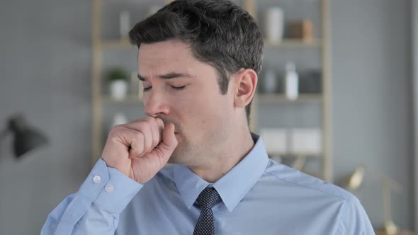 Cough, Portrait of Sick Young Man Coughing