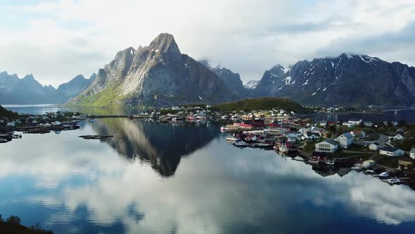 Lofoten Islands. Norway. Aerial footage of small fishing village.  Popular tourist destination.