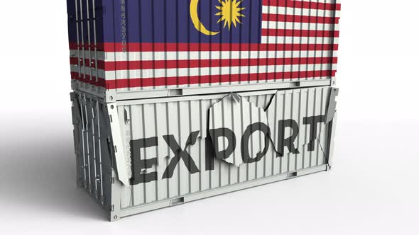 Container with EXPORT Text Being Crashed with Container with Flag of Malaysia alt