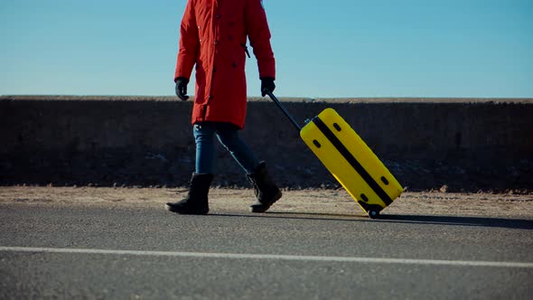 Walking With Yellow Travel Bag. Wife Left Her Husbands After Quarrel. Tourist Travelling Mood.