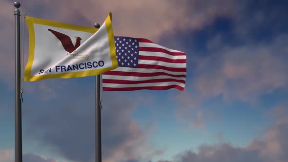 San Francisco City Flag Waving Along With The National Flag Of The USA - 2K