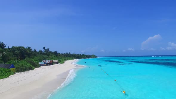 Drone view panorama of exotic seashore beach time by ocean with sand background