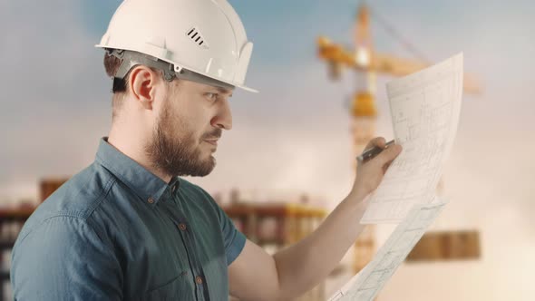 A Man Worker is Holding Construction Blueprint and Making Notes at Building Site