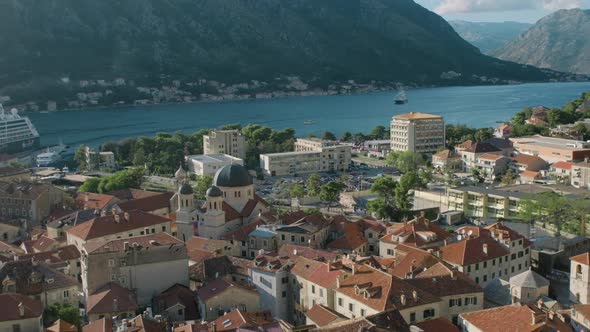 View on mountains and sea with cruiseship in Kotor  Bay , Montenegro