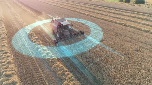 Electric Combine, Harvester Removes Oats, View From Height, Tracking GPS System, HUD, Motion